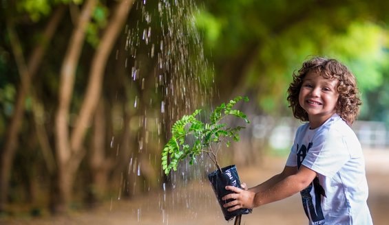 Foto do menino segurando uma muda sendo regada por uma mangueira